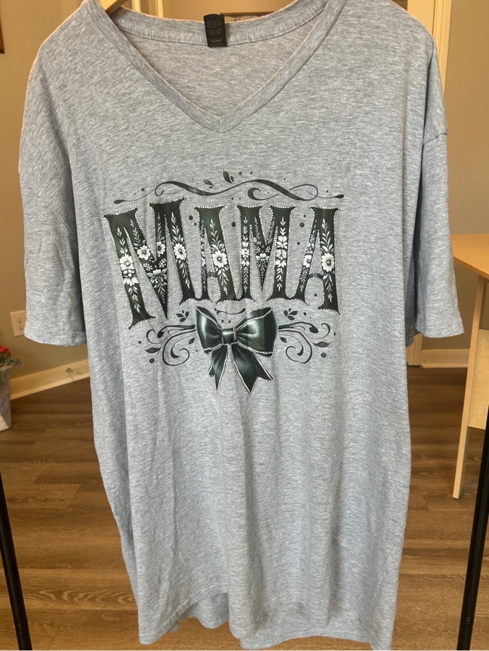 Anvil Light Gray MAMA Graphic V-Neck Tee with Dark Green Bow and Rinestones